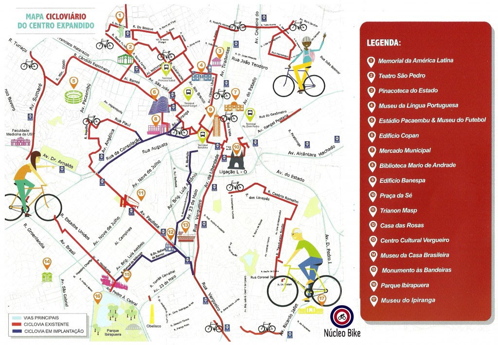 Mapa das ciclovias do centro expandido da cidade de São Paulo.