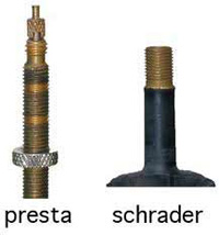 Os tipos de válvulas mais comuns são do tipo Schrader (bico grosso) e do tipo Presta (bico fino).