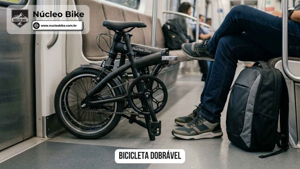 Bicicleta dobrável que pode ser empurrada ou puxada pelas rodas como se fosse uma mala